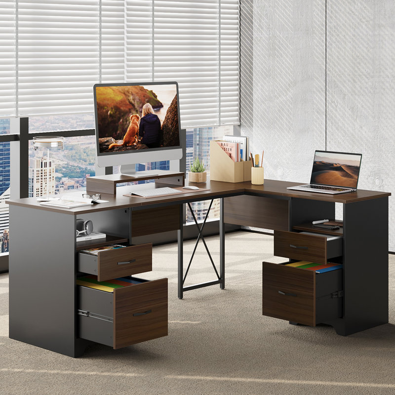  Bartolot 63" W L-Shaped Computer Desk with Monitor Stand and 4 Drawers, Brown/Black