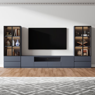 126'' Gray Entertainment Center for 55/65/75 Inch TV, Wood Modern Media Console Set Of 3 Includes Tv Stand With Storage And Two 3-tier Display Cabinet With 2 Drawers For Living Room And Bedroom