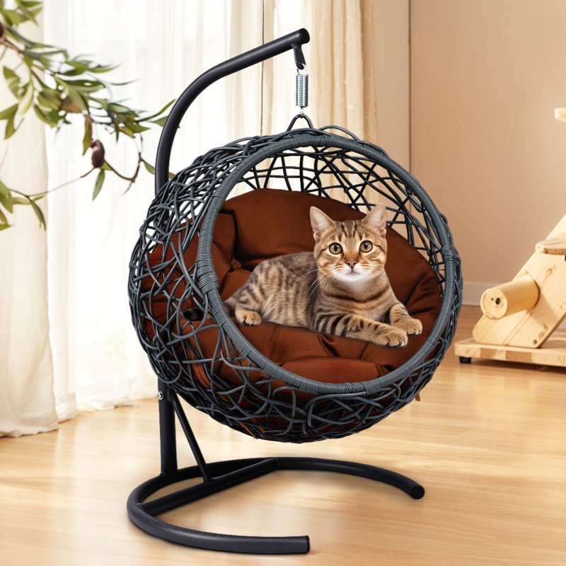 Lit à balançoire pour chat avec support et coussin, chaise à œuf pour chat avec apparence d'osier en rotin, lit à balançoire suspendu pour chats, petits chiens et petits animaux