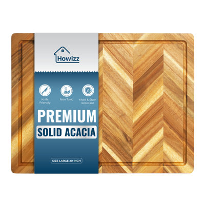 Grande planche à découper en bois d'acacia massif à chevrons de 20 po x 15 po x 1 po pour la cuisine, non toxique, pré-huilée avec rainure à jus et poignée à prise facile pour hacher, servir et préparer les repas