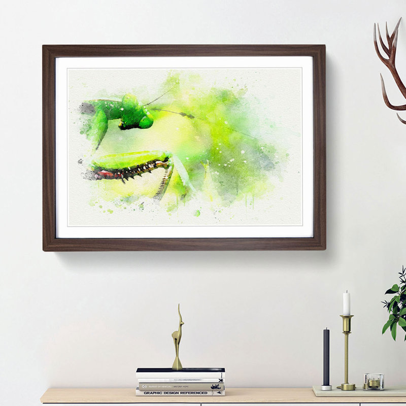 Peering Praying Mantis in Abstract - Picture Frame Graphic Art Print, Walnut Framed, 48cm H x 65cm W x 2cm D