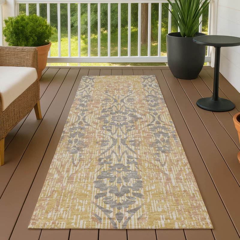 Tapis damassé intérieur / extérieur lavable à la machine ACN2482, Doré, Tapis de couloir 2 pi 3 po x 7 pi 6 po