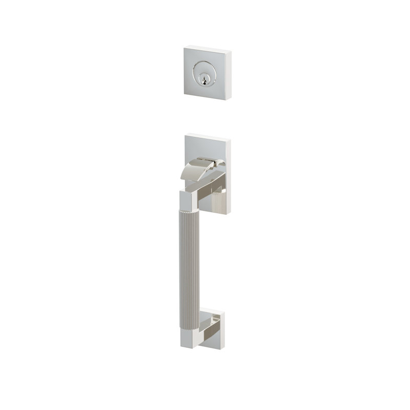 Ensemble de porte sectionnelle Emtek SELECT : poignée tubulaire factice, tige extérieure en L, poignée moletée droite, tige intérieure conique, bouton vert marbré, nickel poli.