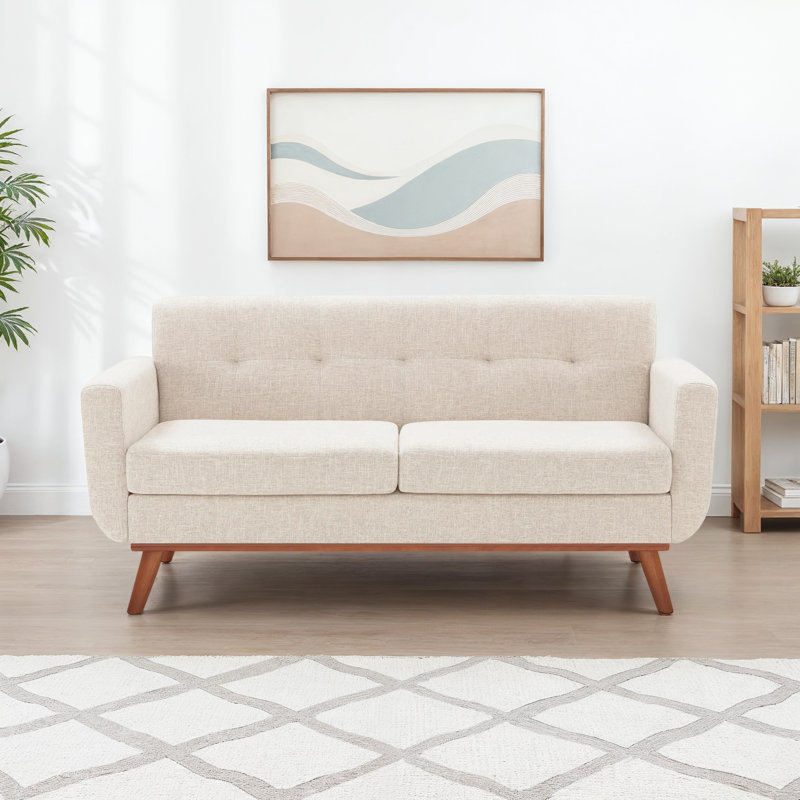 Carmencita 65" Linen Upholstered Square Arm Loveseat, Beige Linen, Solid Wood