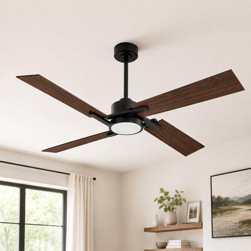 Ventilateur de plafond à 4 pales avec lumière DEL et télécommande Kyliegh, Noir, 72 po de largeur, Brun