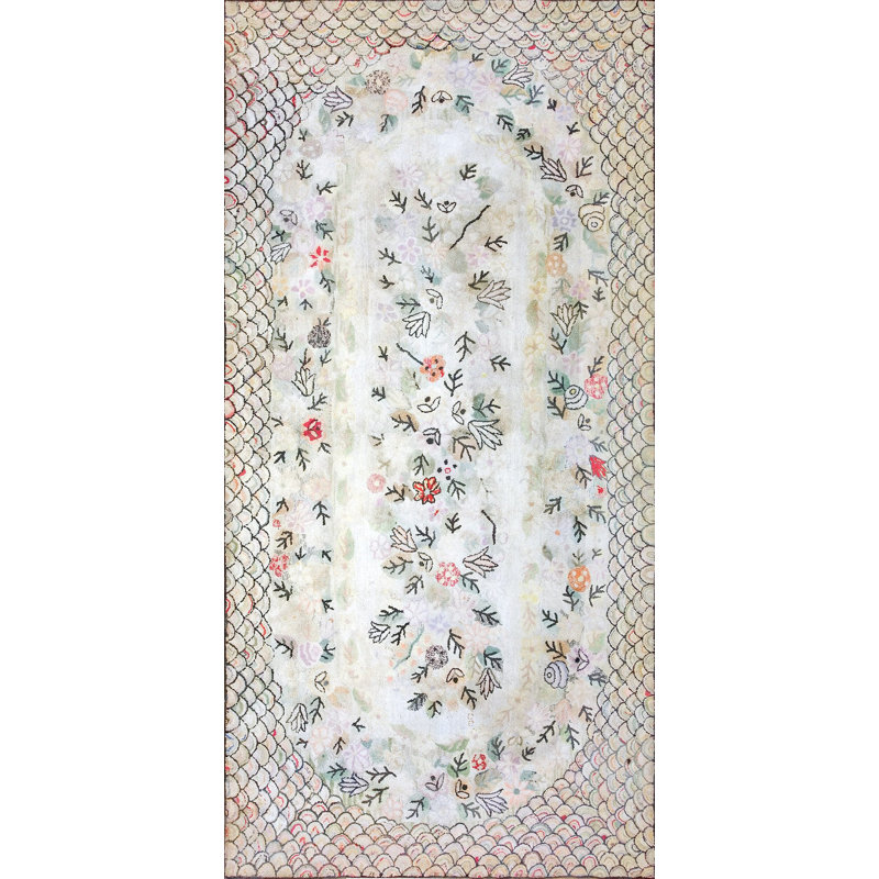 Ivory Antique Artistic American Folk Art Hooked Cotton Rug