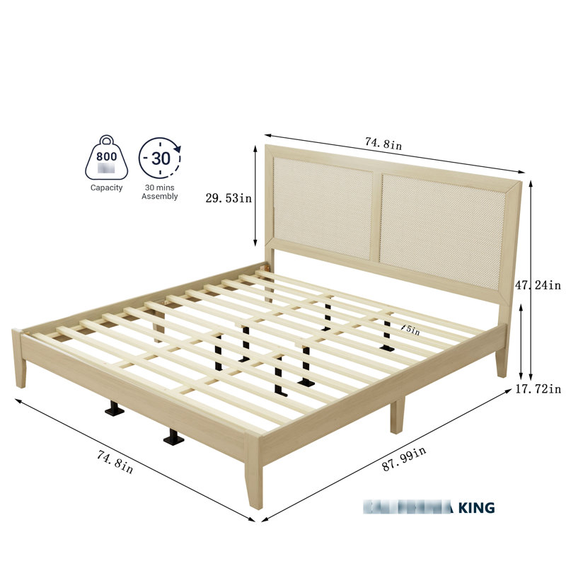 Très grand lit, cadre de lit en bois naturel, ornements tissés, pieds en caoutchouc, système de lattes silencieuses, idéal pour les chambres à coucher modernes, conception d'inspiration Mid-Century solide, ton, lattes, support lourd, convient