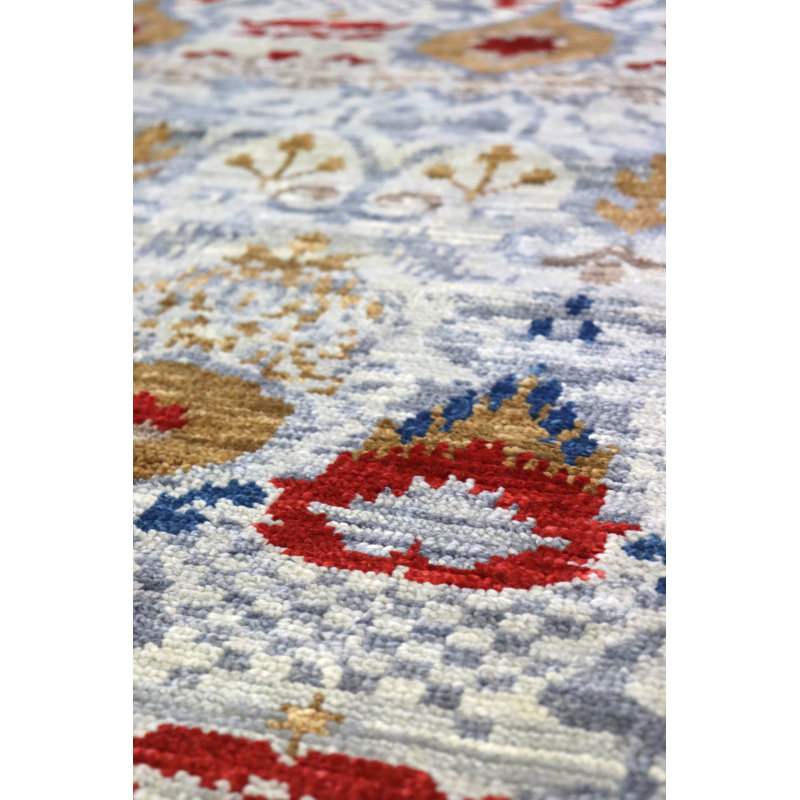 Tapis en laine fabriqué à la main Ikat en bleu / or / ivoire, Rectangle 6 pi x 8 pi 7 po