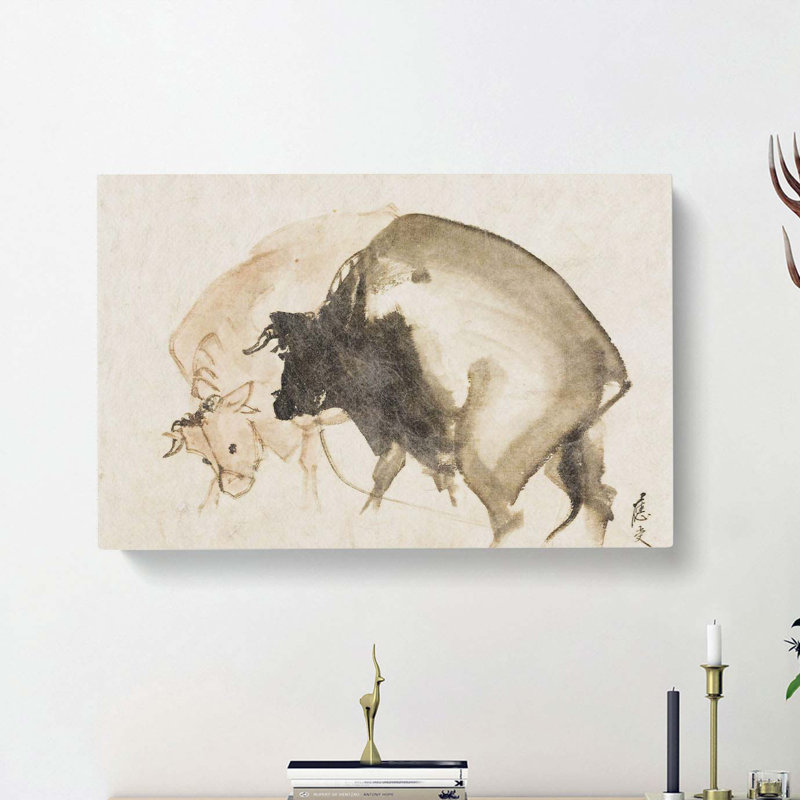 Two Bulls by Maruyama Okyo - Wrapped Canvas Painting, 40cm H x 60cm W x 3cm D