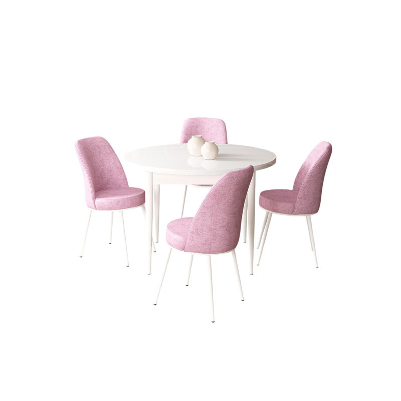 Ensemble de table et chaises de salle à manger moderne 5 pièces, blanc et rose | 100% panneau de particules revêtu de mélamine, table: 35,4 po x 29,5 po x 35,4 po, chaises: 17,7 po x 35,8 po x 16,5 po | Pieds en métal, dossier en mousse confortable 22 pouces et siège en mousse 28 pouces, design élégant et fonctionnel