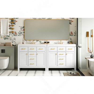 Ensemble de meuble-lavabo 72 po avec lavabo en céramique (séparé), armoire de salle de bain simple autoportante moderne avec tiroirs et armoires, meuble de rangement pour la salle de bain, ensemble de meuble-lavabo avec cadre en bois massif