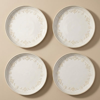 Embossed Ceramic Salad Plates, Set of 4 – European-Inspired, Lipped Edge, Microwave & Dishwasher Safe