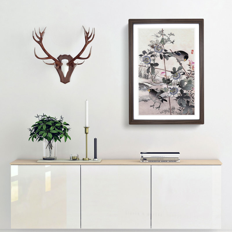 Birds in the Garden by Kono Bairei - Picture Frame Painting Print, Walnut Framed, 48cm H x 36cm W x 2cm D