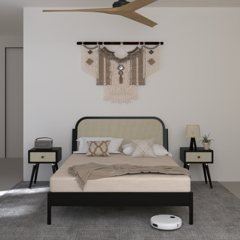 Beiro Solid Wood Rattan Platform Bed with Headboard
