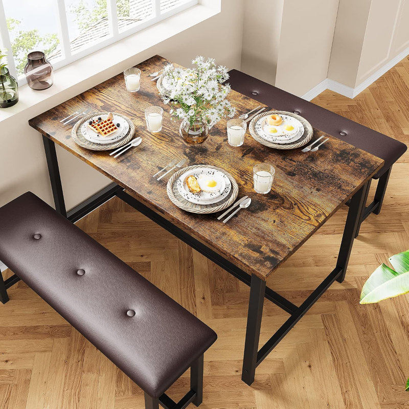 Ensemble table et chaises de salle à manger rectangulaires de style industriel de 44 pouces pour 4 personnes avec 2 bancs rembourrés