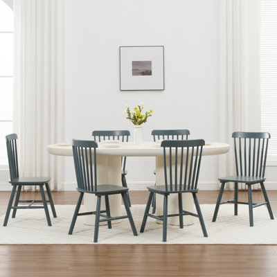 Mid Century Windsor Back Solid Wood Dining Chair, Farmhouse Slat Back Side Chair For Kitchen/Dining Room/Restaurant (Set of 6) 