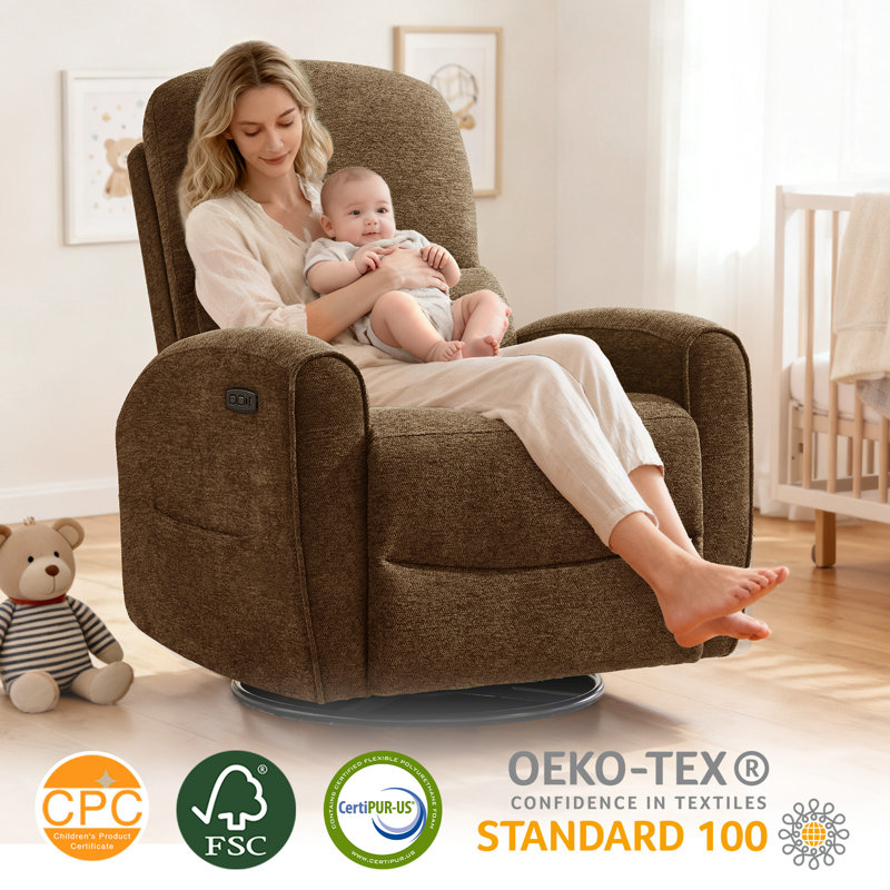  Modern Chenille Power Swivel Rocker Glider Nursery Recliner with Lumbar Support,Round Armrest and Double Pocket,USB and Type-C