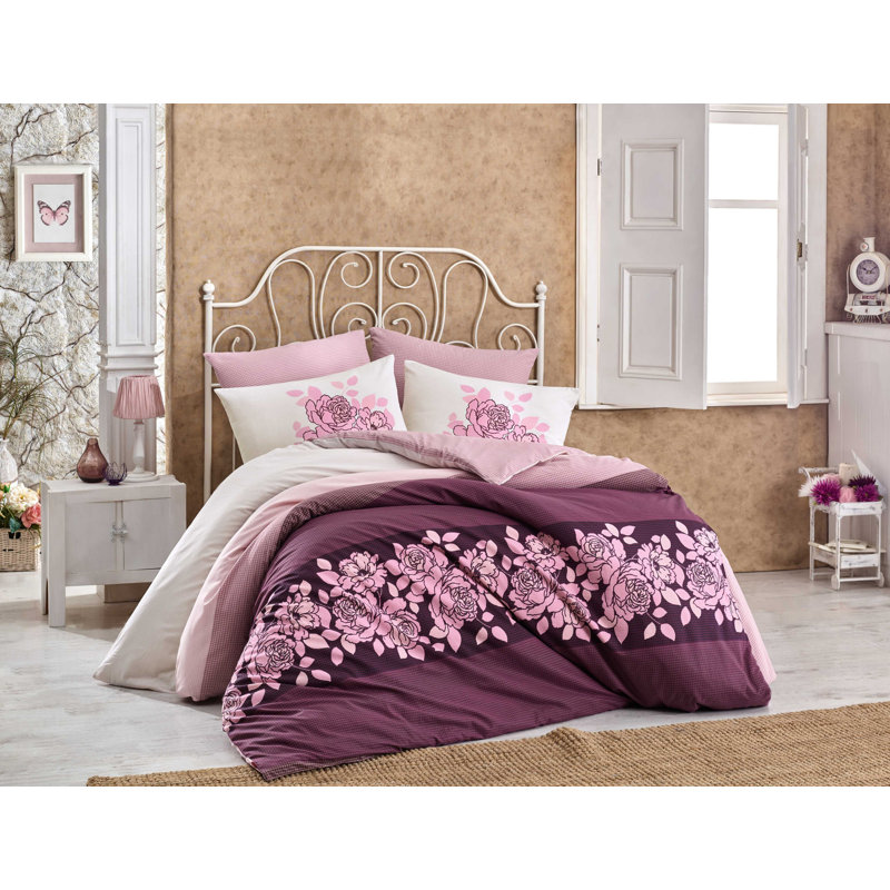 Ensemble de housse de couette 100% coton grenat \ écru \ rose Frahm