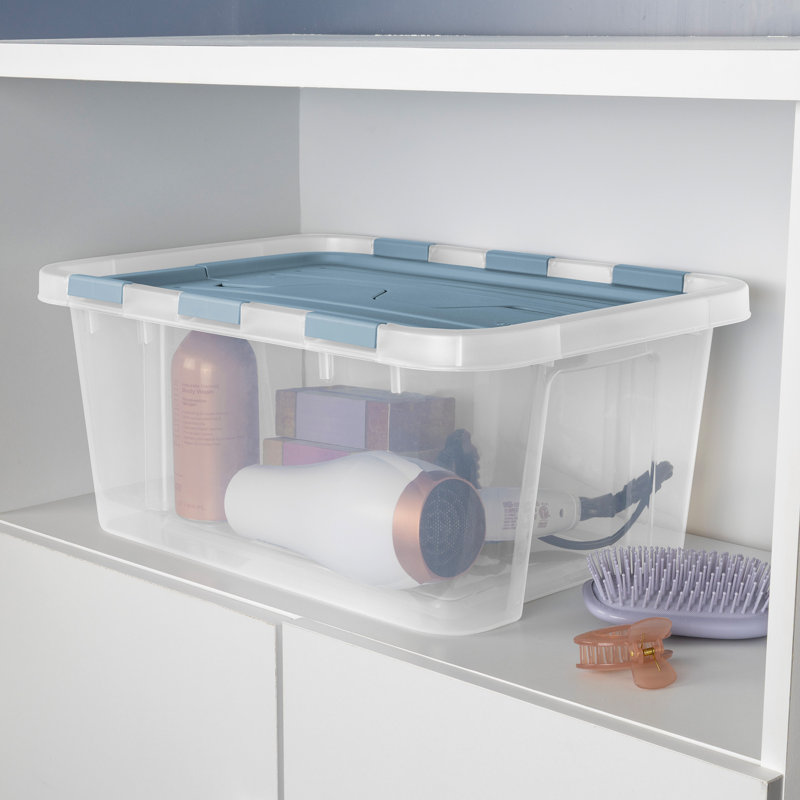 Sterilite 20 Qt Hinged Lid Storage Box, Plastic Container, Washed Blue, 12 Pack, 20 qt.