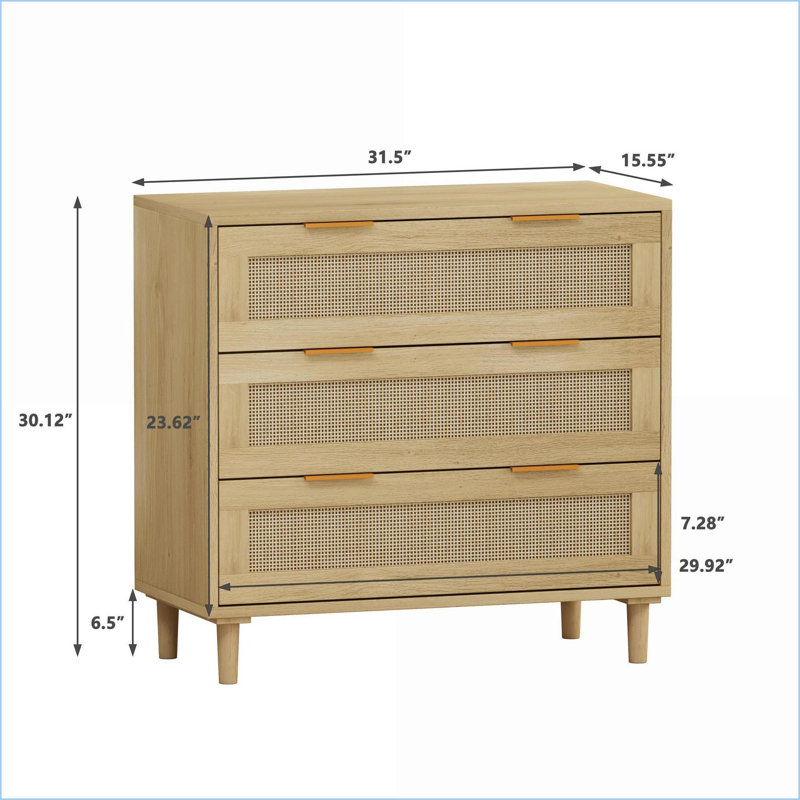 Cabinets 31.50” 3-Drawer Rattan Storage Cabinet Walnut Brown | Modern | MDF