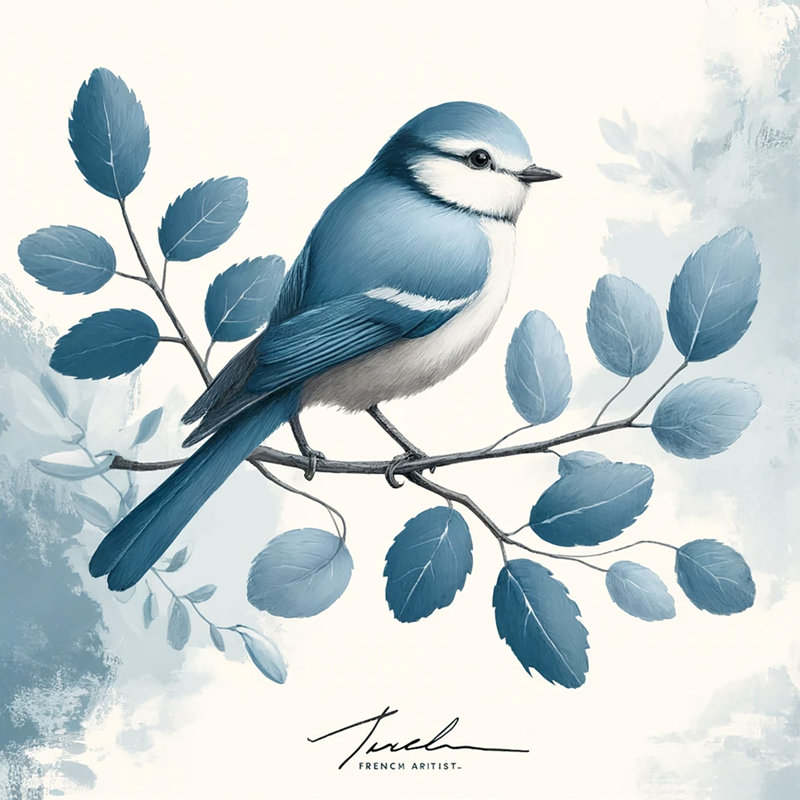 Élégant oiseau bleu avec éléments botaniques sur toile tendue, H 12 po x l 12 po x P 1 po