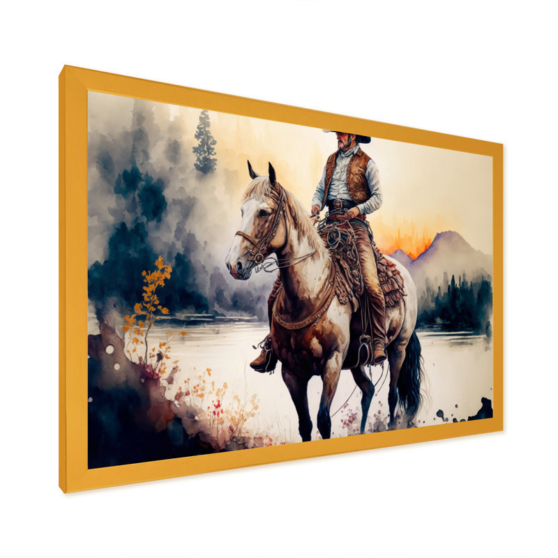 Western Cowboy Riding a Horse II - peinture sur toile, H 30 po x l 40 po x P 1,5 po, Impression dorée sur toile encadrée