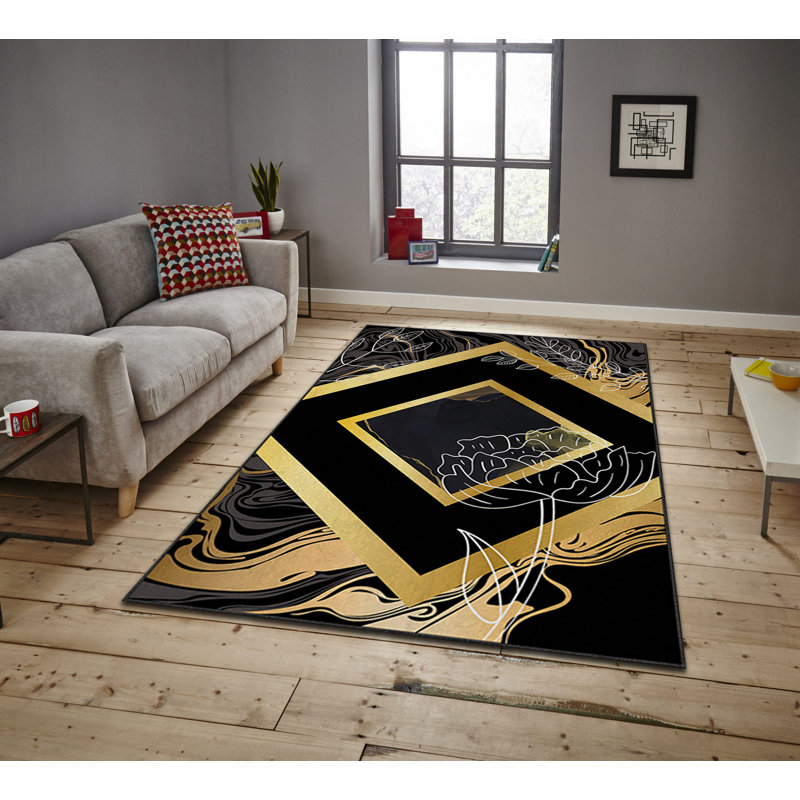 Rectangle Norlina Machine Made Power Loom Polyester Area Rug in Black/Gold, Rectangle 140 x 220cm