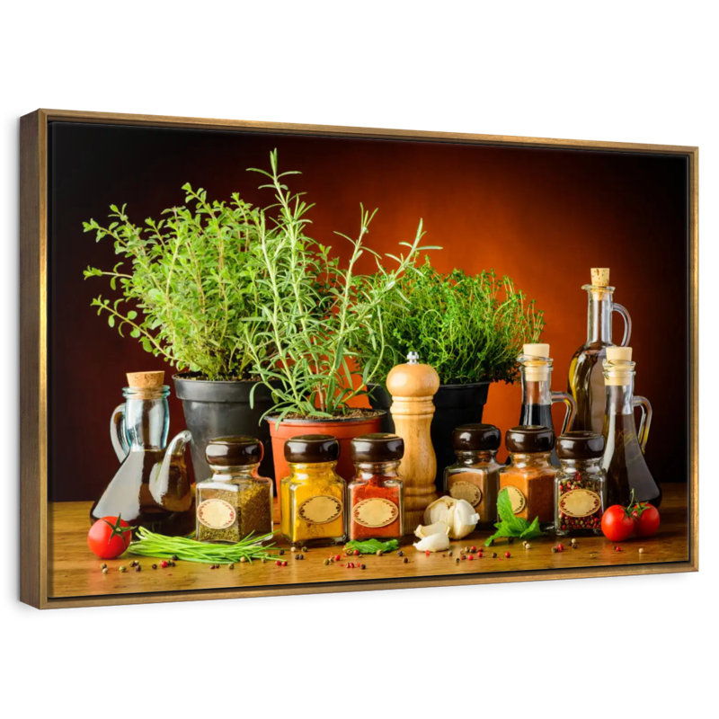 Cuisiner avec des épices et des herbes, 46 po x 31 po, Cadre flottant doré