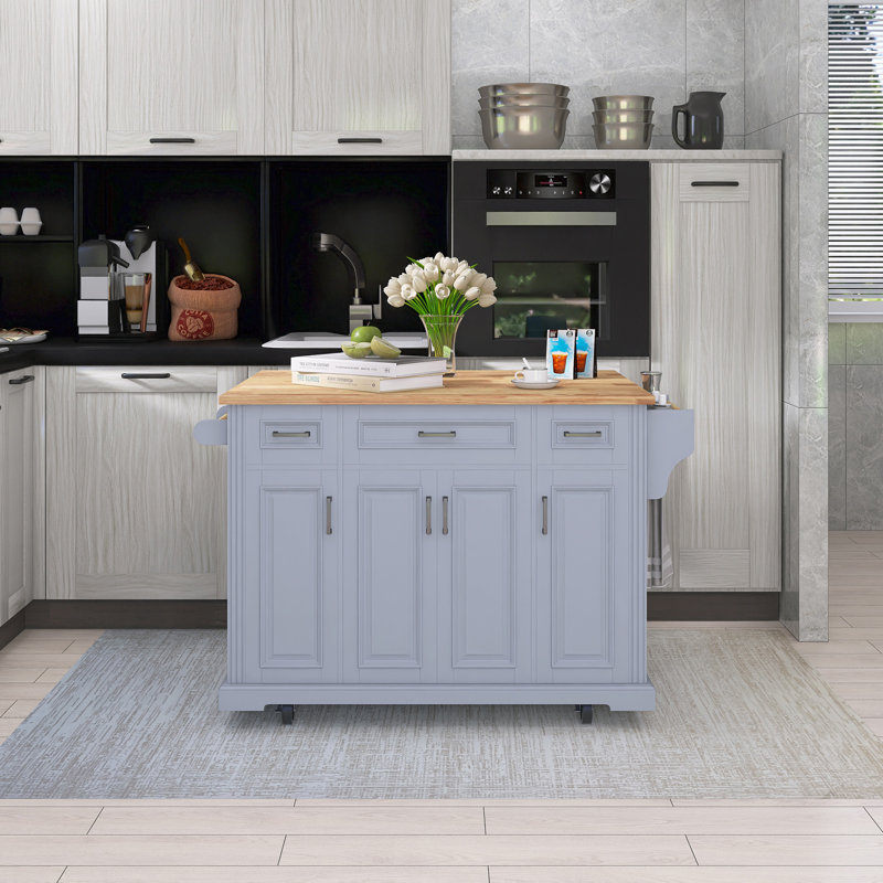 54" Rubber Wood Drop-Leaf Countertop Kitchen Cart With Spice Rack & Towel Rack, Blue