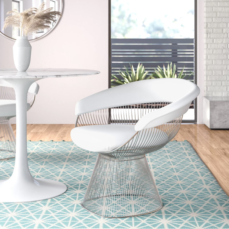 Pangea Home Fern Modern White Faux Vegan Leather Accent Chair with Silver Metal Wire Base – Contemporary Armchair for Living Room or Dining Space