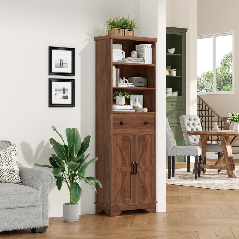 70.9" Farmhouse Tall Storage Cabinet with Drawer and Doors, Wooden Freestanding Bathroom Organizer with Open Shelves for Small Spaces