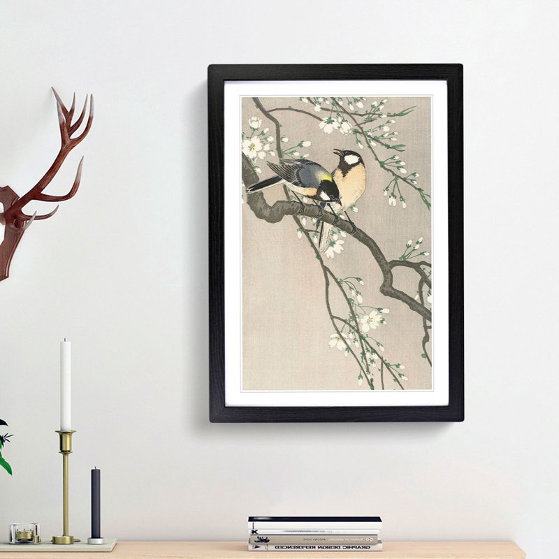 Tits on a Cherry Branch by Ohara Koson - Picture Frame Painting Print, 65cm H x 48cm W x 2cm D, Black Framed