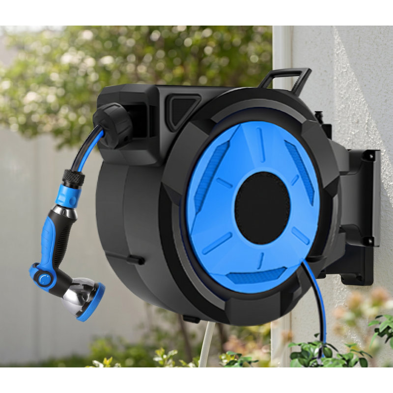 Retractable Garden Hose Reel 30m, Wall Mounted Hose Pipe Reel with Auto Rewind, 180° Swivel, Lock at Any Length, 10 Spray Nozzle, Heavy Duty Garden Water Hose Reel