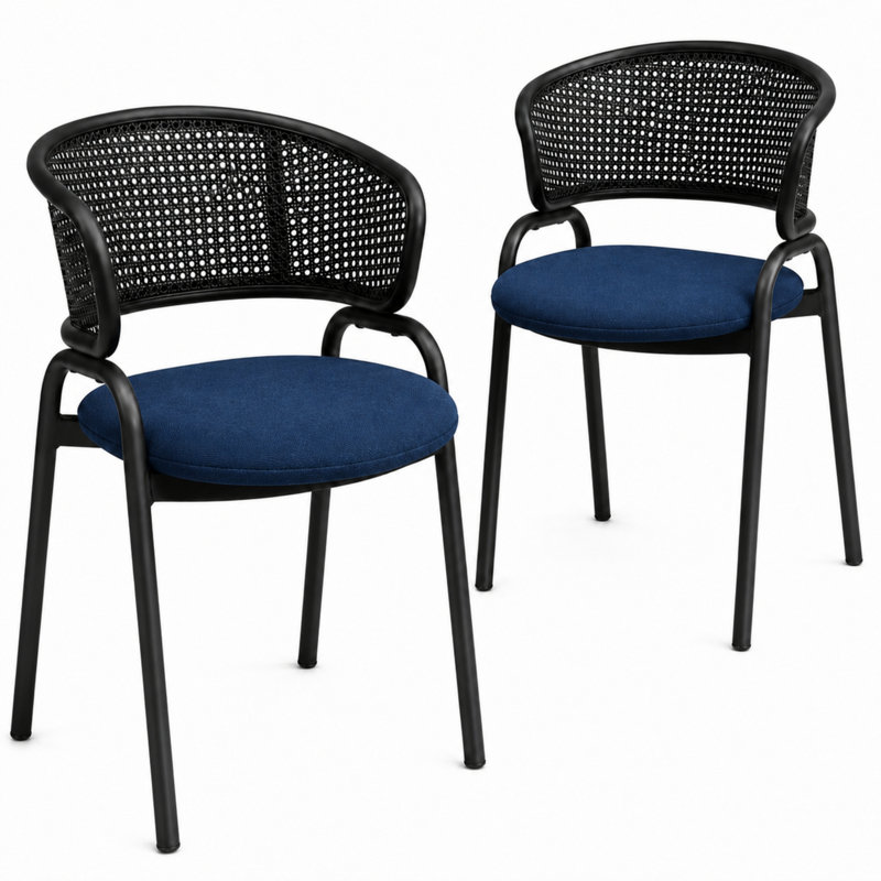 Chaise de salle à manger moderne à dossier canne Daishun, fauteuil incurvé en rotin en forme de U, siège d'appoint rembourré avec pieds en métal noir