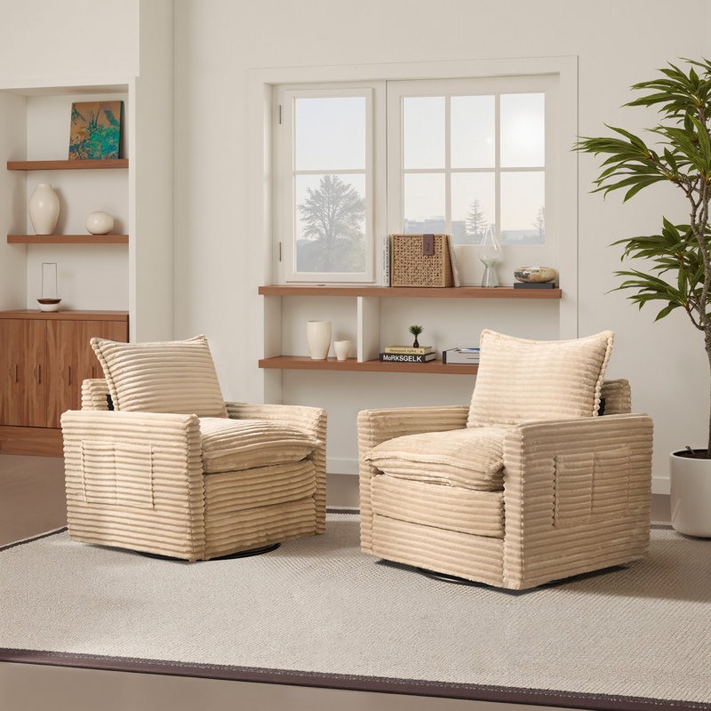 Upholstered Plush Corduroy Swivel Armchair (set Of 2), Beige