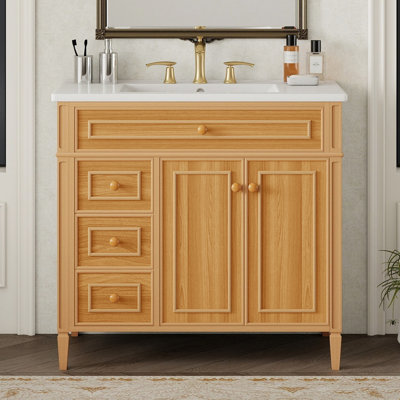 Meuble-lavabo de 36 po avec lavabo, meuble-lavabo en bois avec tiroir rabattable, 3 tiroirs, 2 portes à fermeture en douceur, bois massif et panneau de fibres à densité moyenne, poignées en bois d'hévéa élégantes