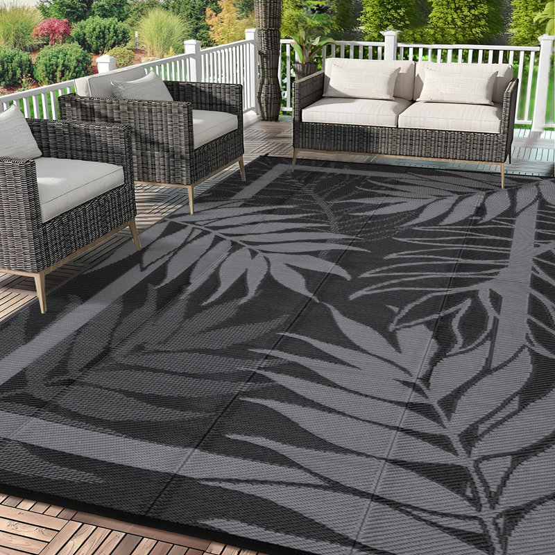 Outdoor Waterproof Reversible Rug – Modern Black & Grey Plastic Patio Mat, UV & Fade Resistant, Non-Slip, Portable, Easy Clean – For Garden, Patio, Deck, Poolside, Picnic – 8x10ft