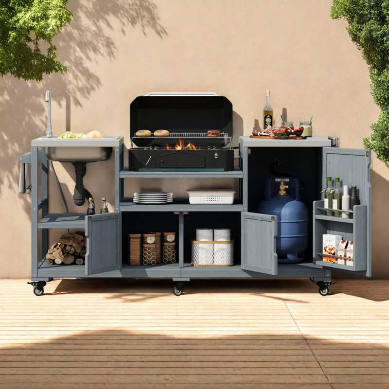 Îlot de cuisine extérieur 75,4 po, chariot à roulettes pour œuf vert XL, plateau en acier inoxydable, Bleu gris