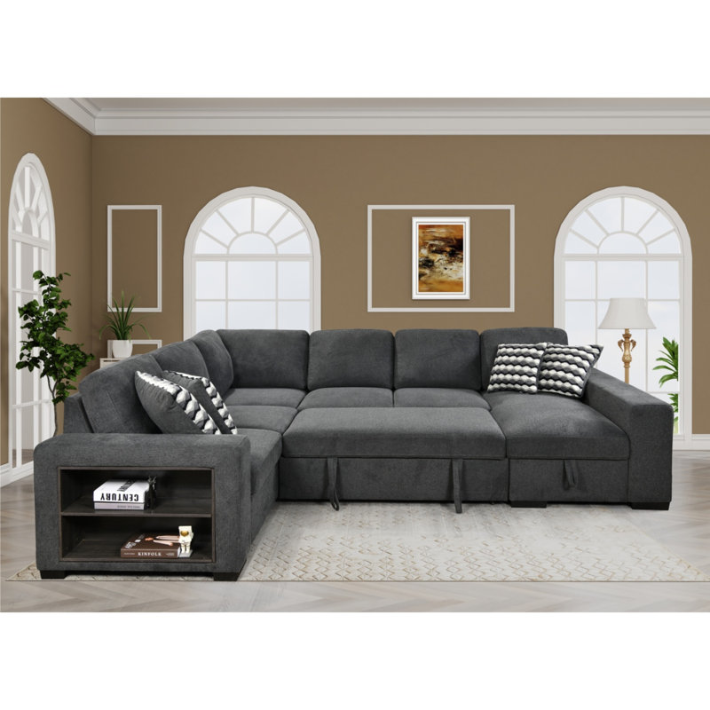 124'' Square Arms Firm Sectional Sofa U Shape Sectional Sleeper Sofa with Pull Out Couch and Storage Chaise, Dark Grey