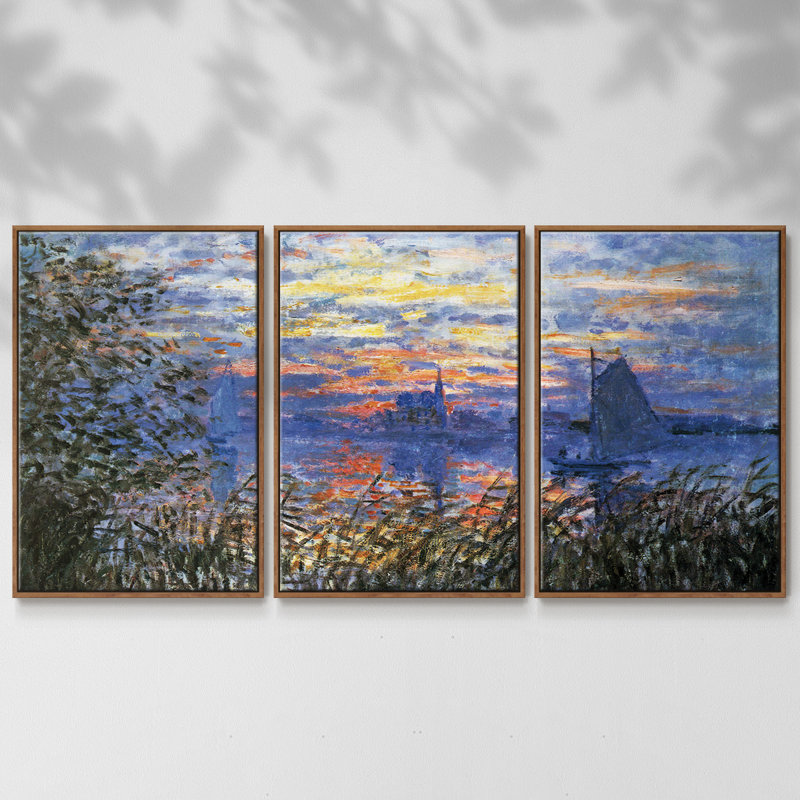 Coucher de soleil sur la seine par Monet - 3 pièces, reproduction sur toile, H 36 po x l 75 po x P 2 po, Noyer