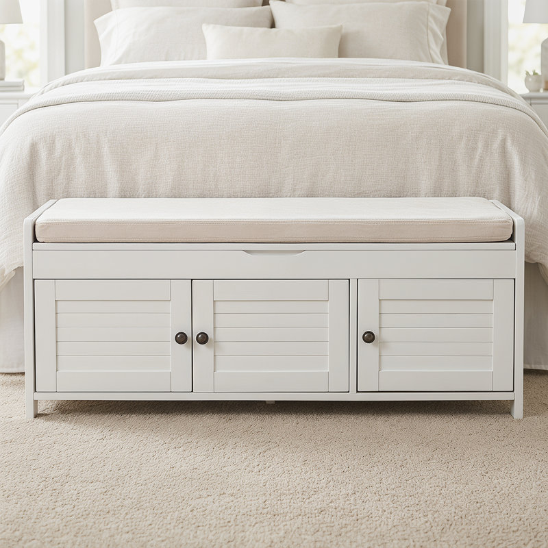 Banc de rangement de style campagnard avec compartiments dissimulés et tablettes réglables, Blanc