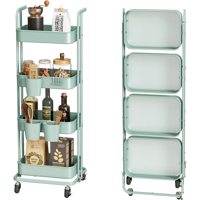 4 Tier Foldable Rolling Cart, Metal Utility Cart with Lockable Wheels, Folding Storage Trolley, Green