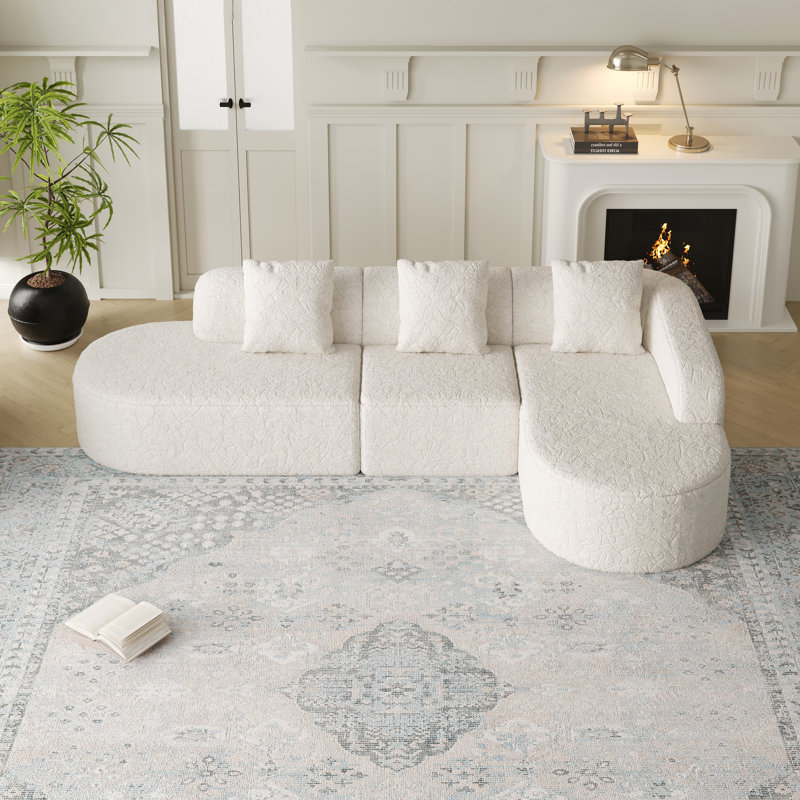 Miloa Boneless 111.8-Inch Curved Modular Sofa With Lychee-Textured Polyester And Extra-Wide Chaise Lounge, White Polyester