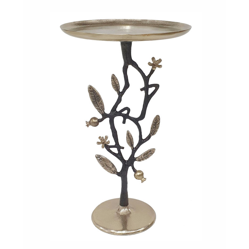 D14X24" Black And Gold Aluminum Side Table With Delicate Pomegranate Design