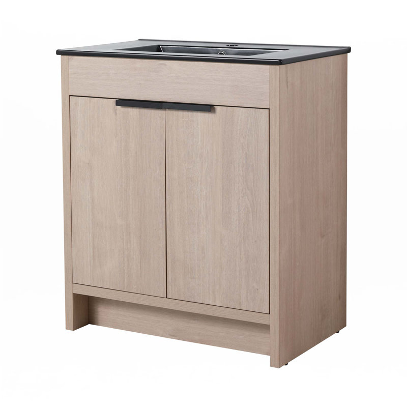 Meuble-lavabo autoportant avec lavabo en céramique, Chêne clair uni, Noir, noir, noir, noir
