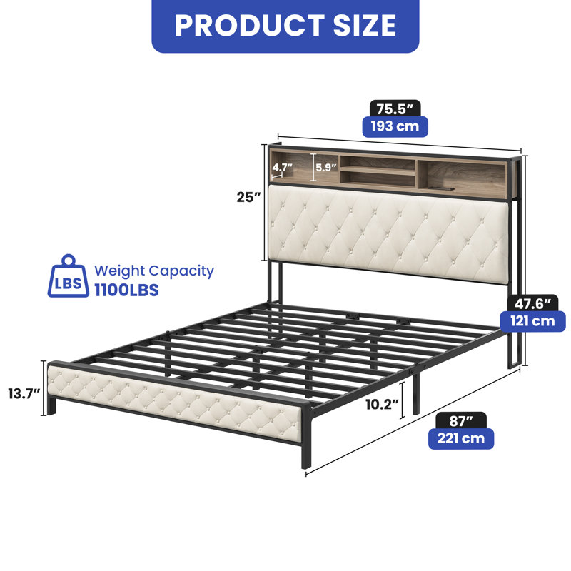 Upholstered Bookcase Storage Bed, King, White
