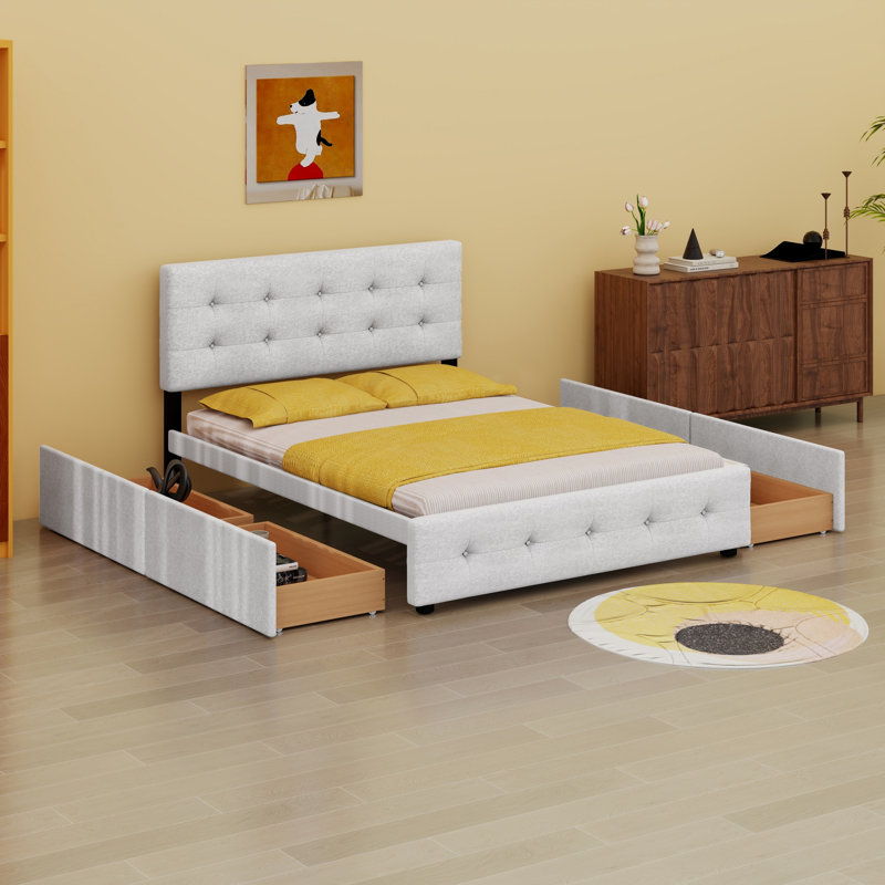 Lit plateforme tapissier avec tête de lit classique et 4 tiroirs, Beige