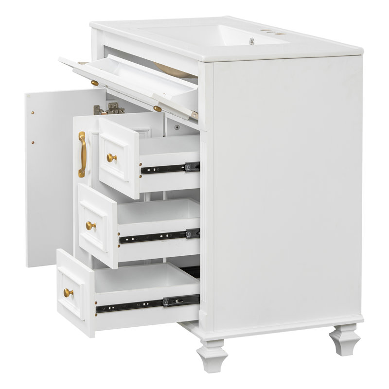 Meuble-lavabo 36 po avec lavabo, bois massif et panneau de fibres à densité moyenne, rangement à fermeture en douceur, Blanc