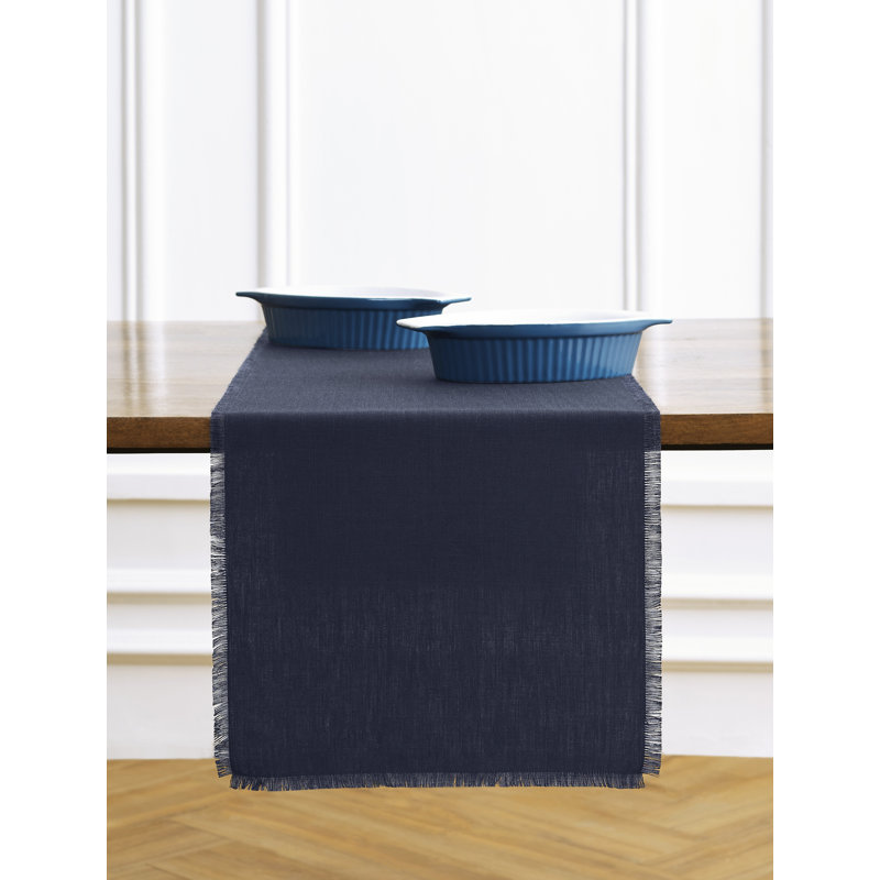 Fringe - 100% Pure Linen Table Runner, Navy, 120" x 14" Rectangle