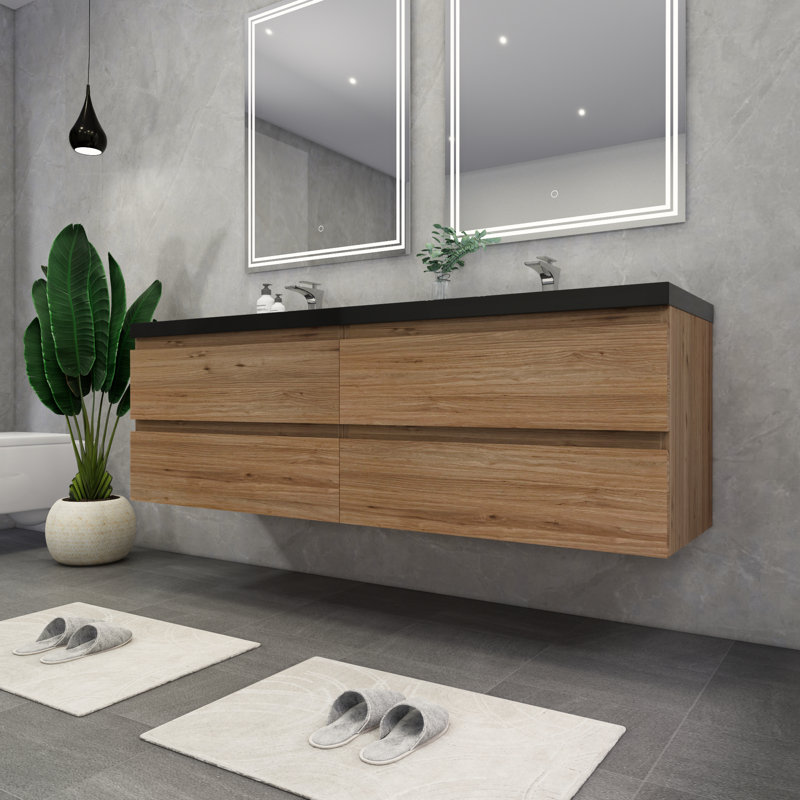 Kirker 72" Wall-Mounted Double Bathroom Vanity Set, Oak